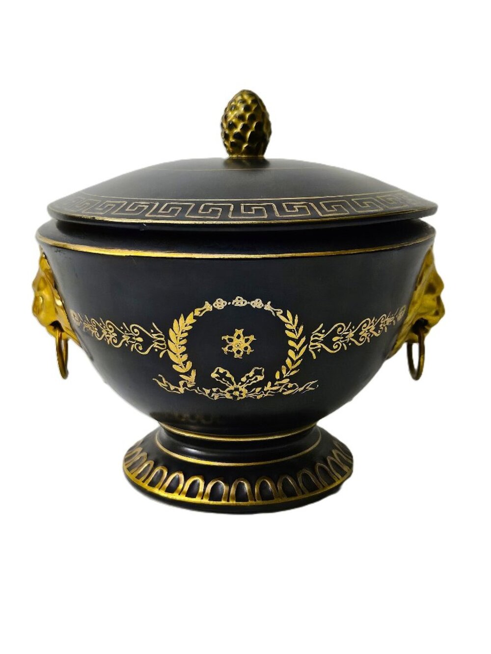 Vintage Lenwile Ardalt Black Gold Ceramic Vanity Jar 7" Lion Head Japan 1950s